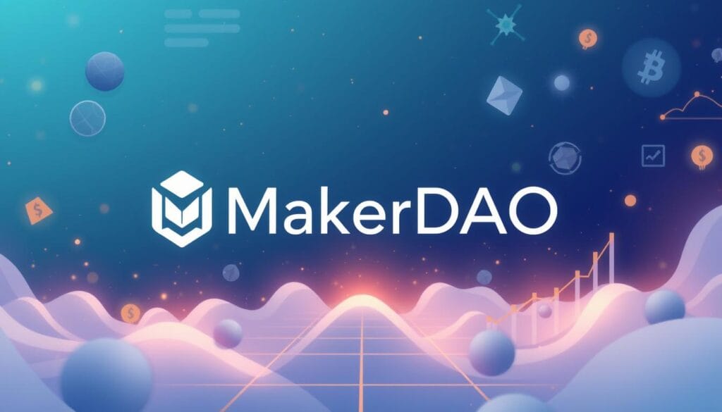 Generate an image of the MakerDAO logo with a background representing the DeFi ecosystem. Generate an image of the MakerDAO logo with a background representing the DeFi ecosystem.