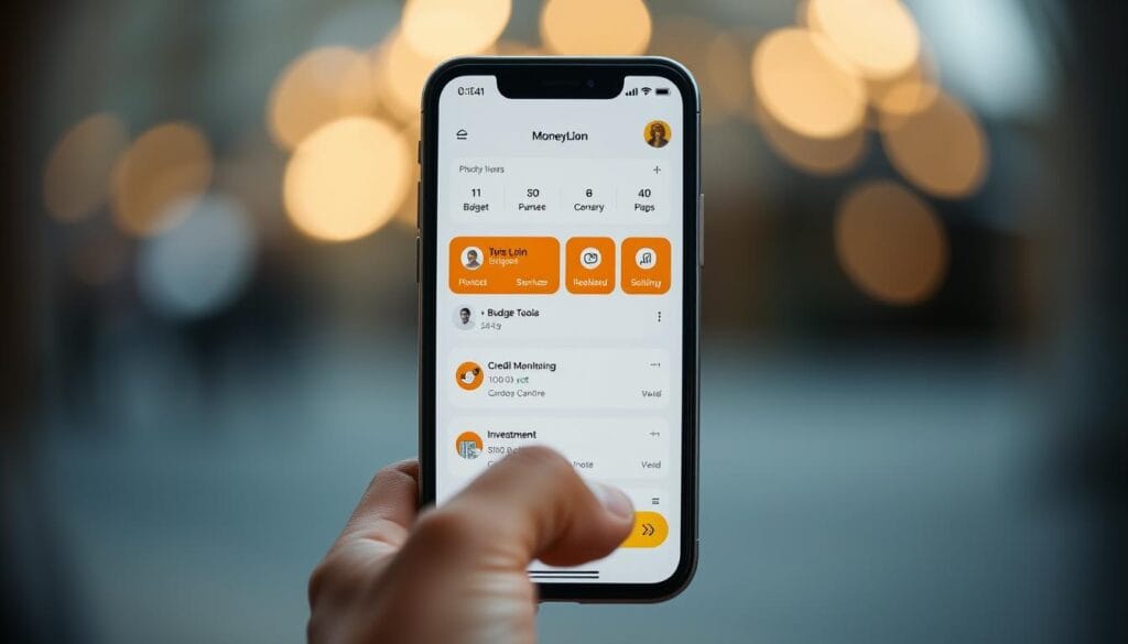 Generate an image of the MoneyLion app interface on a smartphone, showcasing its various financial services.