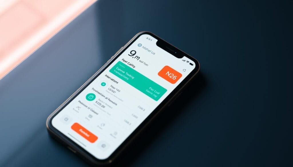 Generate an image of the N26 digital banking app on a mobile device, highlighting its expense tracking and international transaction features. Generate an image of the N26 digital banking app on a mobile device, highlighting its expense tracking and international transaction features.