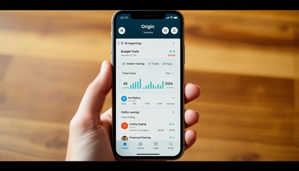 Generate an image of the Origin financial management app interface on a smartphone, showcasing its various features such as budgeting, investment tracking, and financial planning. Generate an image of the Origin financial management app interface on a smartphone, showcasing its various features such as budgeting, investment tracking, and financial planning.