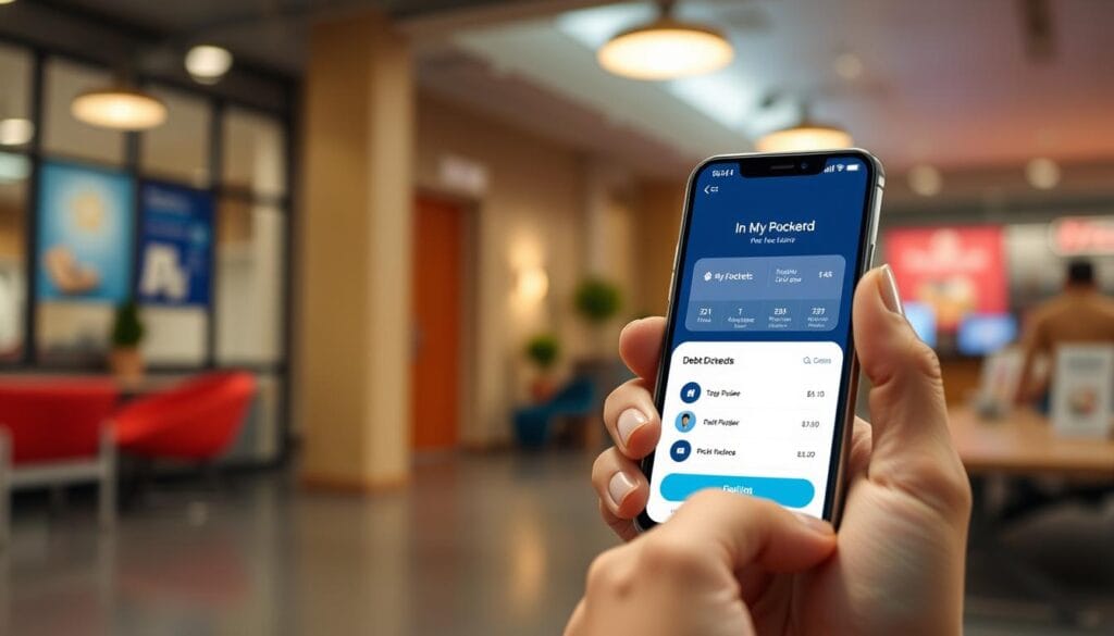 Generate an image of the PocketGuard app interface, highlighting its "In My Pocket" feature and debt management capabilities.
