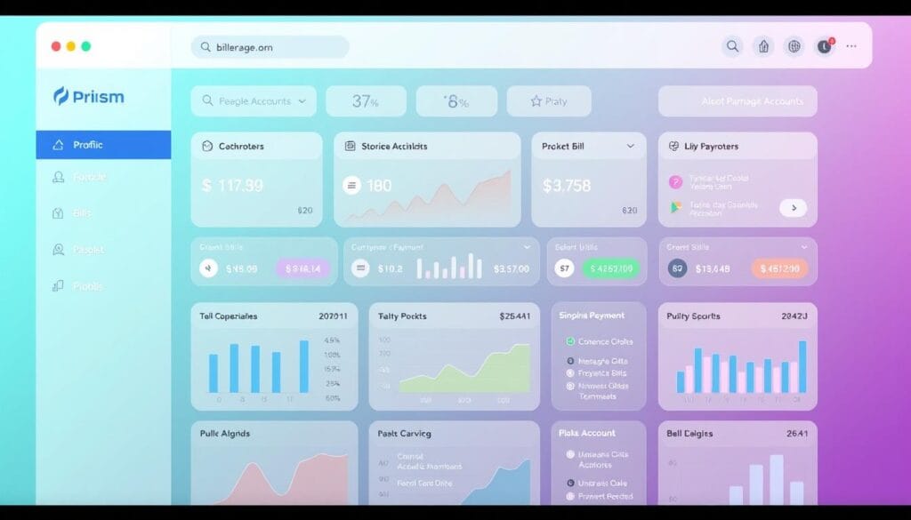 Generate an image of the Prism bill management app dashboard, displaying multiple bills and payment accounts in a single view.