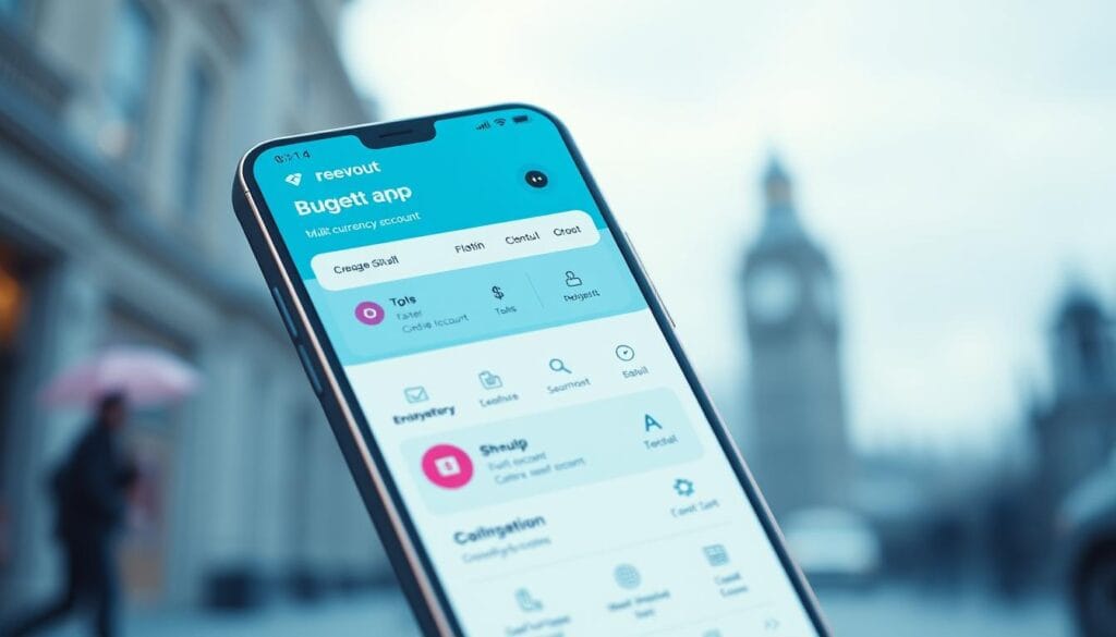Generate an image of the Revolut app showing its multi-currency accounts and budgeting tools.