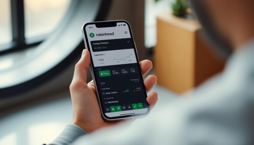 Generate an image of the Robinhood app interface on a mobile device, highlighting its user-friendly features.