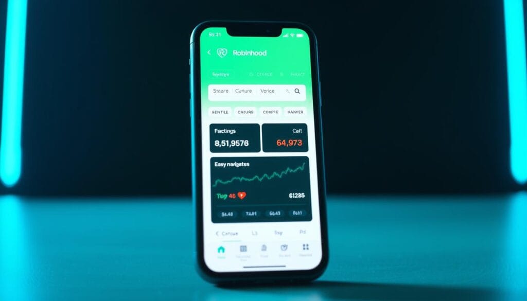 Generate an image of the Robinhood app interface on a mobile device, highlighting its user-friendly design and key features. Generate an image of the Robinhood app interface on a mobile device, highlighting its user-friendly design and key features.