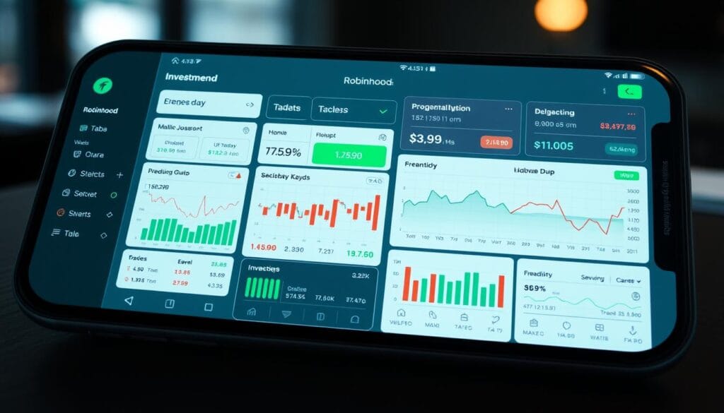 Generate an image of the Robinhood app interface showing investment tracking and budgeting features.