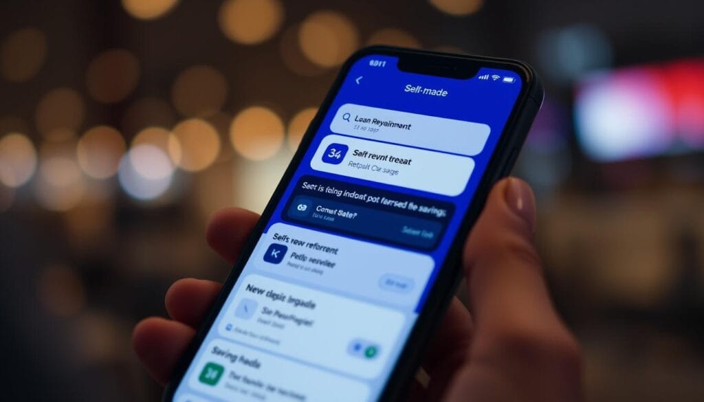 Generate an image of the Self credit-builder app interface on a mobile device, highlighting the loan repayment and savings features.