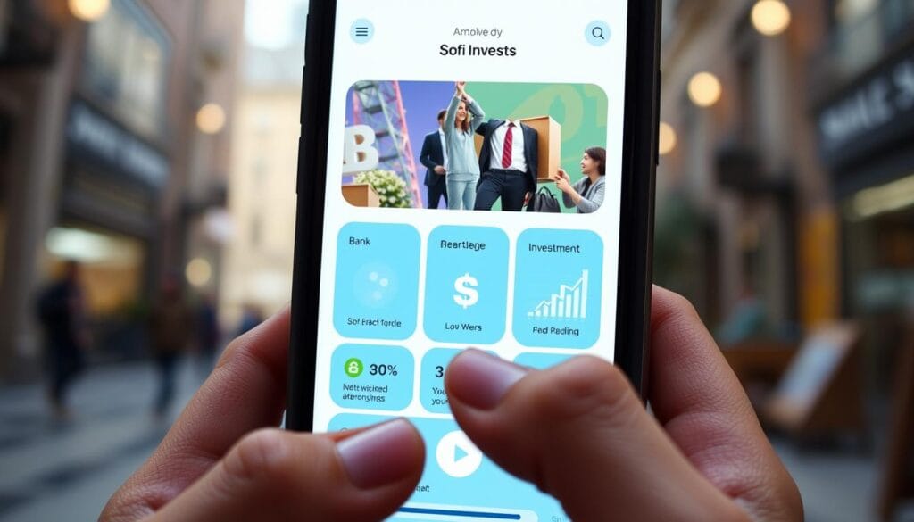 Generate an image of the SoFi Invest app interface on a mobile device, highlighting its banking, loan, and investment features.