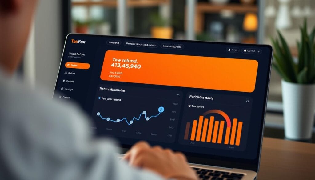 Generate an image of the TaxFox app dashboard displaying refund maximization features.
