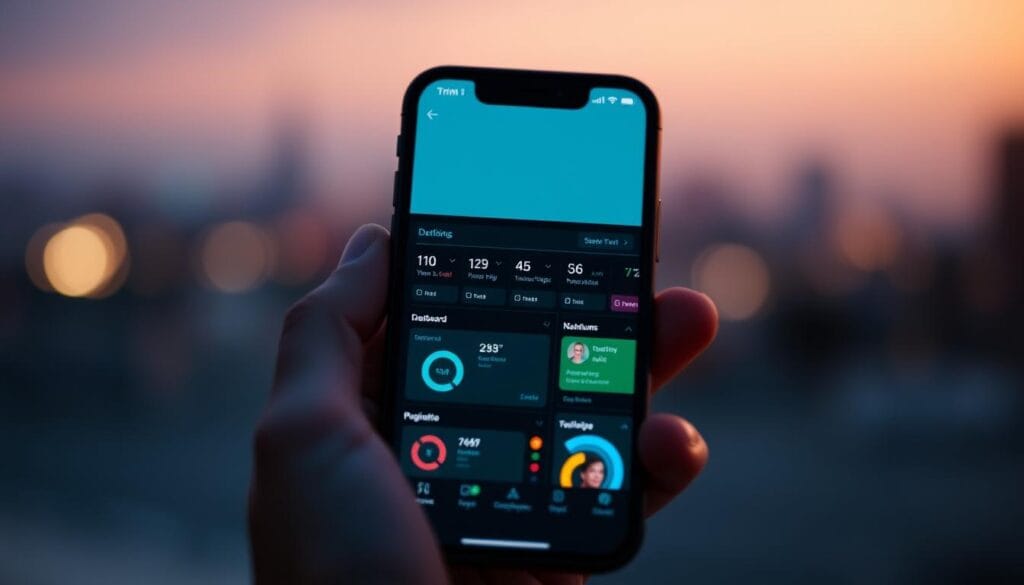 Generate an image of the Trim app interface on a mobile device, showing its dashboard and key features. Generate an image of the Trim app interface on a mobile device, showing its dashboard and key features.