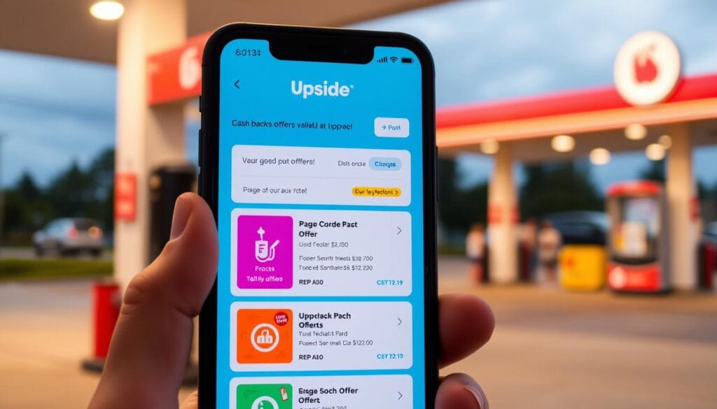 Generate an image of the Upside app interface showing cash-back offers at a gas station.