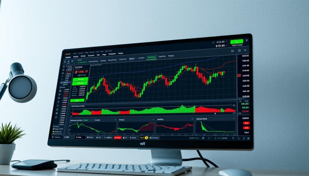 Generate an image of the Webull trading platform on a desktop, showcasing its advanced charting capabilities and technical indicators.