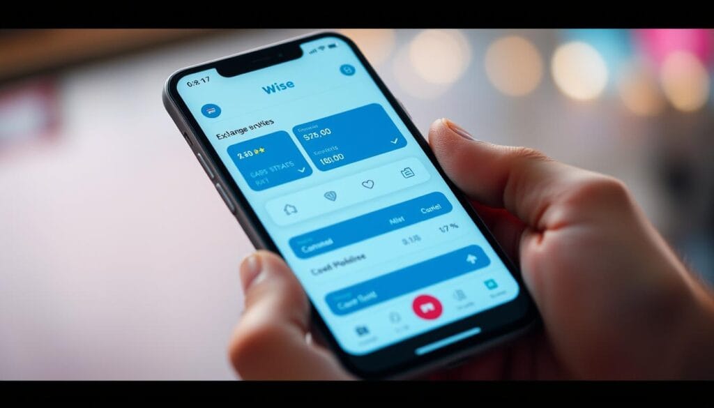 Generate an image of the Wise app interface on a mobile device, highlighting its currency exchange features. Generate an image of the Wise app interface on a mobile device, highlighting its currency exchange features.
