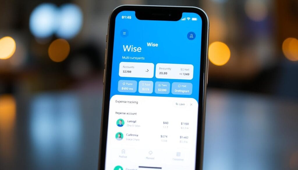 Generate an image of the Wise app interface on a mobile device, showing multi-currency accounts and expense tracking features. Generate an image of the Wise app interface on a mobile device, showing multi-currency accounts and expense tracking features.