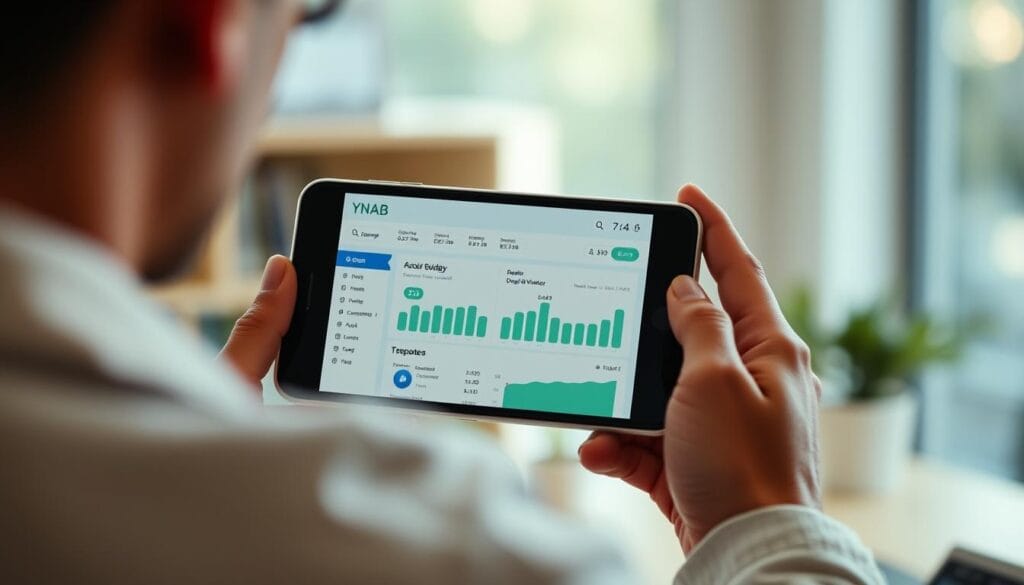 Generate an image of the YNAB app dashboard on a mobile device, showing its budgeting and debt tracking features.
