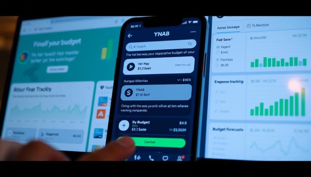 Generate an image of the YNAB app interface highlighting its AI-driven budgeting tools.