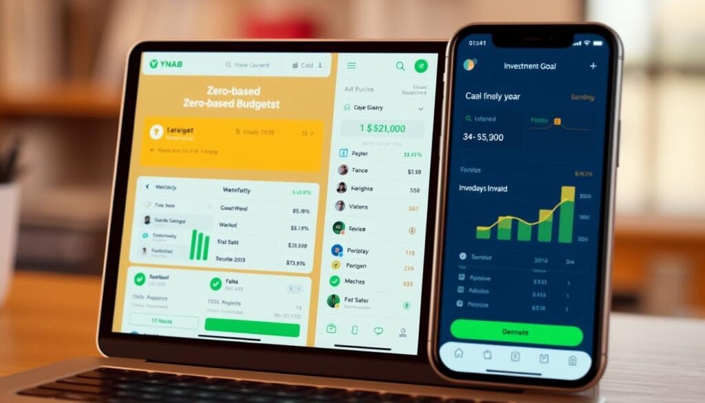 Generate an image of the YNAB app interface showing zero-based budgeting and investment goal tracking features.