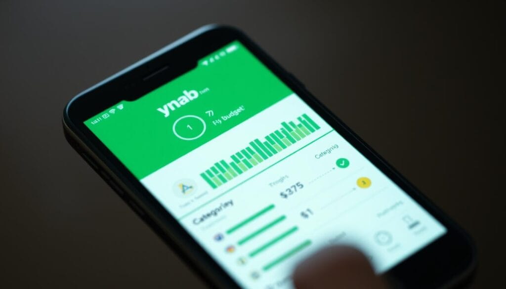 Generate an image of the YNAB app on a mobile device, highlighting its budgeting features and user interface. Generate an image of the YNAB app on a mobile device, highlighting its budgeting features and user interface.