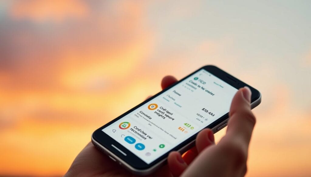 Generate an image of the myFICO app interface on a mobile device, showcasing its key features.