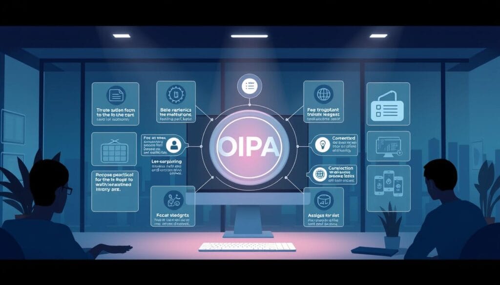 Generate an image representing Oracle Insurance Policy Administration (OIPA) software features. Generate an image representing Oracle Insurance Policy Administration (OIPA) software features.