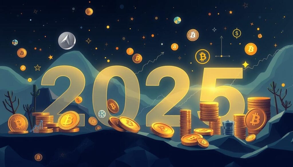 Generate an image representing a diversified cryptocurrency investment portfolio for 2025.