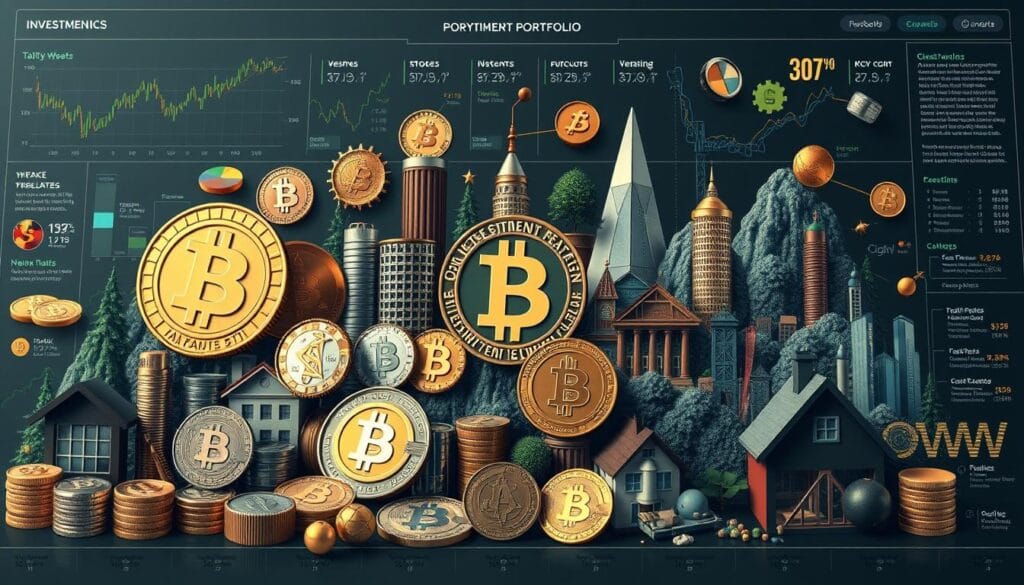 Generate an image representing a diversified investment portfolio with cryptocurrency Generate an image representing a diversified investment portfolio with cryptocurrency