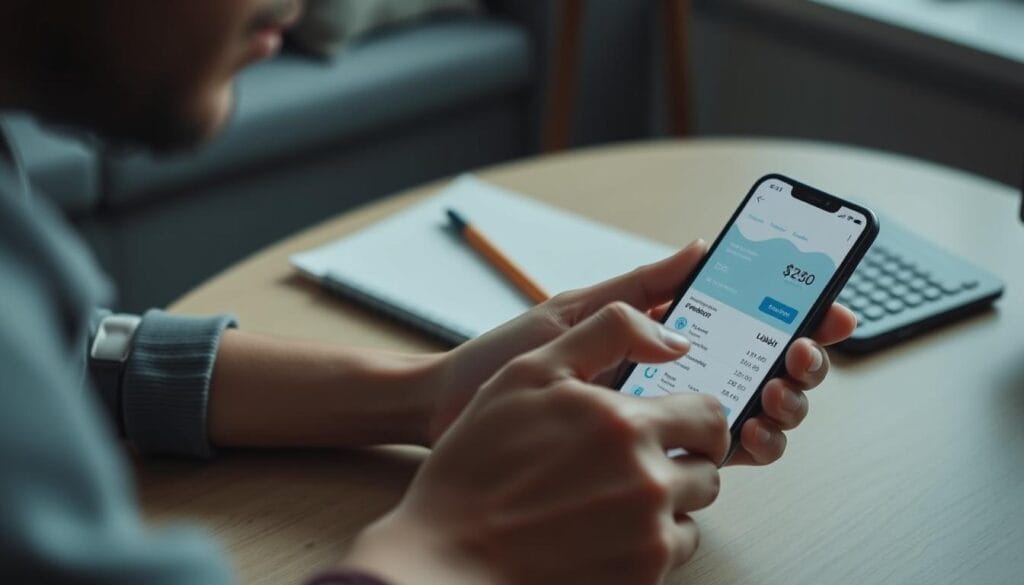 Generate an image representing a person using a personal finance app on their smartphone to manage debt.