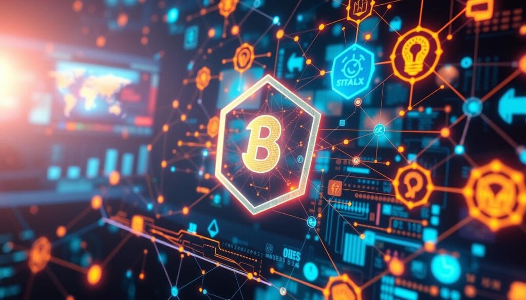 Generate an image representing blockchain technology in insurance policy issuance.