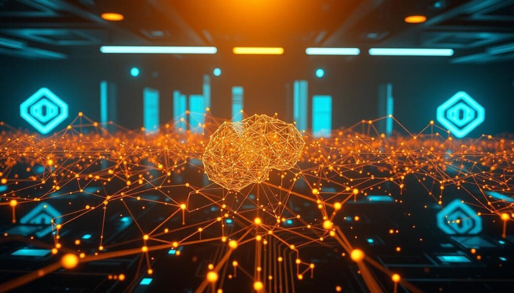 Generate an image representing the convergence of AI and blockchain.