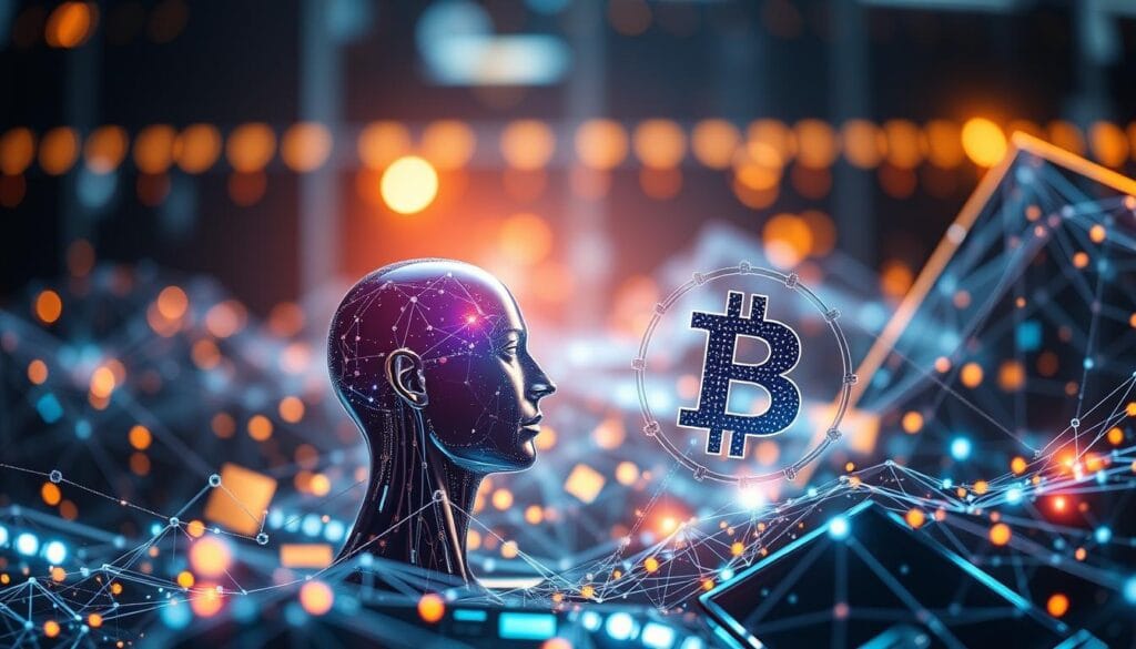 Generate an image representing the fusion of AI and blockchain in financial services.