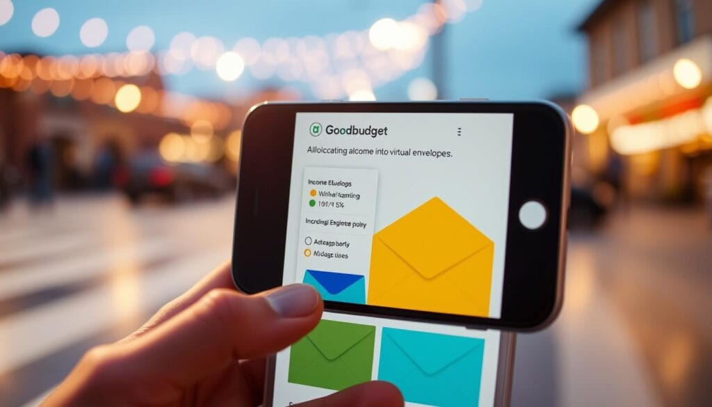 Generate an image showing the Goodbudget app on a mobile device, illustrating how to allocate income into virtual envelopes.