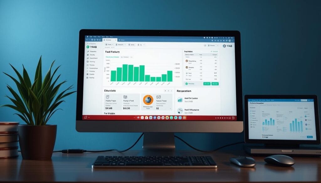 Generate an image showing the YNAB app interface on a desktop, highlighting its budgeting features and educational resources.
