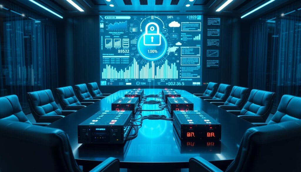 High-angle view of a modern corporate office, with a large, sleek conference table surrounded by plush leather chairs. On the table, a series of blockchain nodes and servers are displayed, their LED lights blinking and pulsing in a synchronized rhythm. The room is bathed in a cool, blue-tinted lighting, creating a sense of technological sophistication. In the background, a massive holographic display shows various blockchain transaction data and security metrics, highlighting the enterprise's commitment to blockchain-powered transaction security. The overall atmosphere conveys a sense of innovation, security, and the integration of cutting-edge technology in the business's operations.