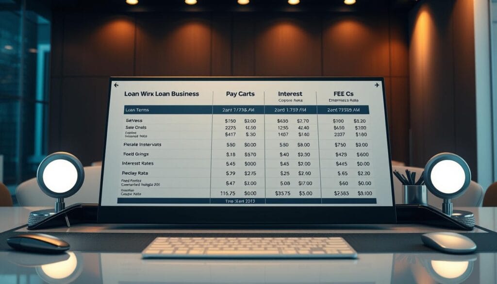 High-contrast business chart with detailed financial data on loan terms, interest rates, and fees displayed on a sleek, modern desk with metallic accents. Soft, warm lighting illuminates the scene, creating a professional, authoritative atmosphere. The chart is positioned prominently, with clean, minimalist backgrounds allowing the financial information to be the focal point. The overall composition conveys a sense of informed decision-making, guiding the viewer through a comprehensive comparison of business loan options. High-contrast business chart with detailed financial data on loan terms, interest rates, and fees displayed on a sleek, modern desk with metallic accents. Soft, warm lighting illuminates the scene, creating a professional, authoritative atmosphere. The chart is positioned prominently, with clean, minimalist backgrounds allowing the financial information to be the focal point. The overall composition conveys a sense of informed decision-making, guiding the viewer through a comprehensive comparison of business loan options.