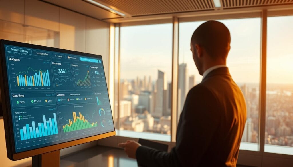 High-tech financial planning dashboard in a sleek, minimalist workspace. The foreground features a futuristic touchscreen interface with intuitive visualizations of budgets, cash flow, and investment portfolios. The middle ground shows a professional in a crisp suit using the AI-powered tools, their face partially obscured. The background depicts a panoramic view of a modern city skyline, hinting at the global scale and connectivity of these advanced financial planning capabilities. Warm, natural lighting bathes the scene, creating a sense of productivity and confidence. The overall mood is one of streamlined efficiency, empowering small business owners to make data-driven decisions with ease.