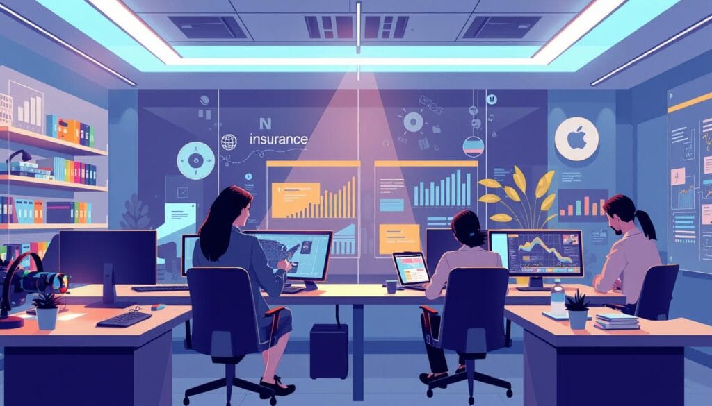 Image of a futuristic insurance agency with agents using advanced insurtech platforms Image of a futuristic insurance agency with agents using advanced insurtech platforms
