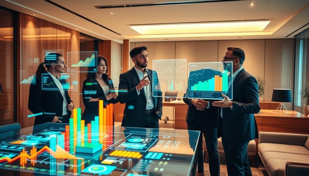 In a sleek and modern office, a team of financial analysts examines a holographic display showcasing emerging wealth management technologies. The foreground features a transparent screen projecting dynamic data visualizations, with colored graphs and charts floating in mid-air. In the middle ground, a pair of executives converse while gesturing towards the display, their expressions conveying excitement and anticipation. The background is bathed in a soft, warm lighting, highlighting the polished wood and glass furnishings that create an atmosphere of sophistication and innovation. The overall scene conveys a sense of progress, as these cutting-edge tools promise to transform the future of portfolio management. In a sleek and modern office, a team of financial analysts examines a holographic display showcasing emerging wealth management technologies. The foreground features a transparent screen projecting dynamic data visualizations, with colored graphs and charts floating in mid-air. In the middle ground, a pair of executives converse while gesturing towards the display, their expressions conveying excitement and anticipation. The background is bathed in a soft, warm lighting, highlighting the polished wood and glass furnishings that create an atmosphere of sophistication and innovation. The overall scene conveys a sense of progress, as these cutting-edge tools promise to transform the future of portfolio management.