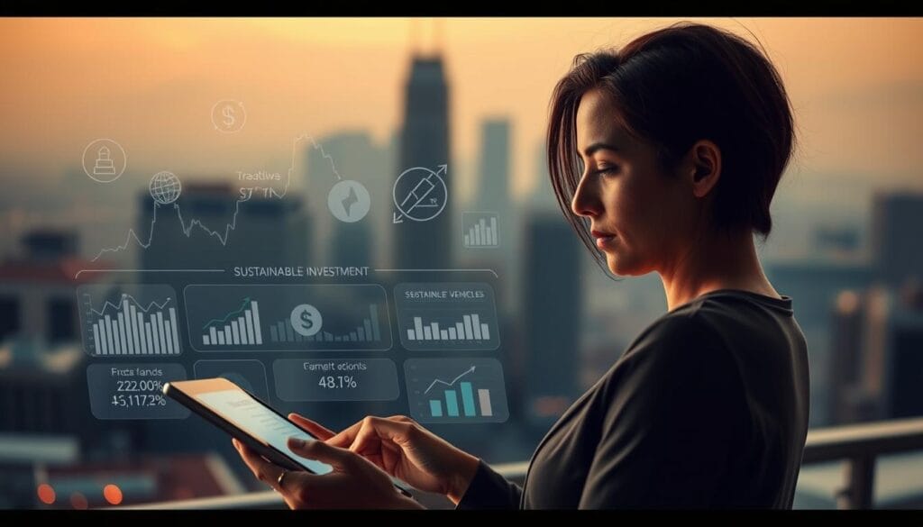 Personalized investment strategies, a dynamic financial landscape with a focus on individual goals and risk tolerance. In the foreground, a person reviewing investment options on a tablet, their expression thoughtful and engaged. The middle ground showcases various financial instruments, from stocks and bonds to sustainable investment vehicles, arranged in a visually appealing layout. The background features a softly blurred cityscape, symbolizing the broader economic context. Warm, muted lighting creates a sense of contemplation, while a shallow depth of field draws the viewer's attention to the central figure. Rendered in a clean, minimal style that reflects the precision and personalization of the investment strategies.