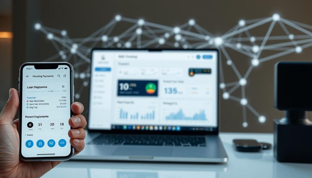 Prompt A digital banking payment interface with a clean, minimalist aesthetic. In the foreground, a handheld device displays a smooth, intuitive mobile app featuring sleek icons, toggles, and sliders for managing loan repayments. The middle ground showcases a laptop screen with a web-based dashboard, highlighting interactive graphs, charts, and personalized insights. In the background, a network of secure blockchain transactions and API integrations create a seamless, futuristic infrastructure. Soft, indirect lighting illuminates the scene, conveying a sense of efficiency, security, and innovation. The overall atmosphere exudes a modern, technology-driven vibe suitable for the fintech industry. Prompt A digital banking payment interface with a clean, minimalist aesthetic. In the foreground, a handheld device displays a smooth, intuitive mobile app featuring sleek icons, toggles, and sliders for managing loan repayments. The middle ground showcases a laptop screen with a web-based dashboard, highlighting interactive graphs, charts, and personalized insights. In the background, a network of secure blockchain transactions and API integrations create a seamless, futuristic infrastructure. Soft, indirect lighting illuminates the scene, conveying a sense of efficiency, security, and innovation. The overall atmosphere exudes a modern, technology-driven vibe suitable for the fintech industry.