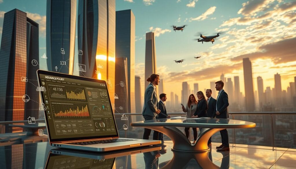 Prompt A futuristic cityscape with towering skyscrapers and sleek, angular buildings bathed in a warm, golden glow. In the foreground, a stylized image of a laptop screen displaying complex insurance policy data, surrounded by holographic icons and infographics representing the evolution of AI-powered analytics and underwriting in the insurance industry. The middle ground features a group of diverse professionals, dressed in smart business attire, collaborating intently around a curved, transparent conference table, with digital displays and cloud-like data visualizations floating above. In the background, a vibrant, dynamic skyline with flying vehicles and drones, conveying a sense of progress and technological advancement. The overall mood is one of innovation, connectivity, and the seamless integration of AI into the insurance sector.