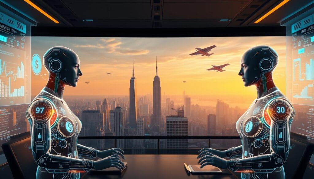 Prompt A futuristic workspace with holographic interfaces and sleek AI financial assistants in the foreground. The assistants are represented as disembodied virtual agents, with glowing outlines and data visualizations floating around them. The middle ground features a panoramic view of a bustling city skyline, with towering skyscrapers and flying vehicles in the distance. The background is bathed in a warm, golden light, suggesting an optimistic, prosperous atmosphere. The scene conveys a sense of advanced technology, personalized financial guidance, and a vision of the future of finance in 2025.