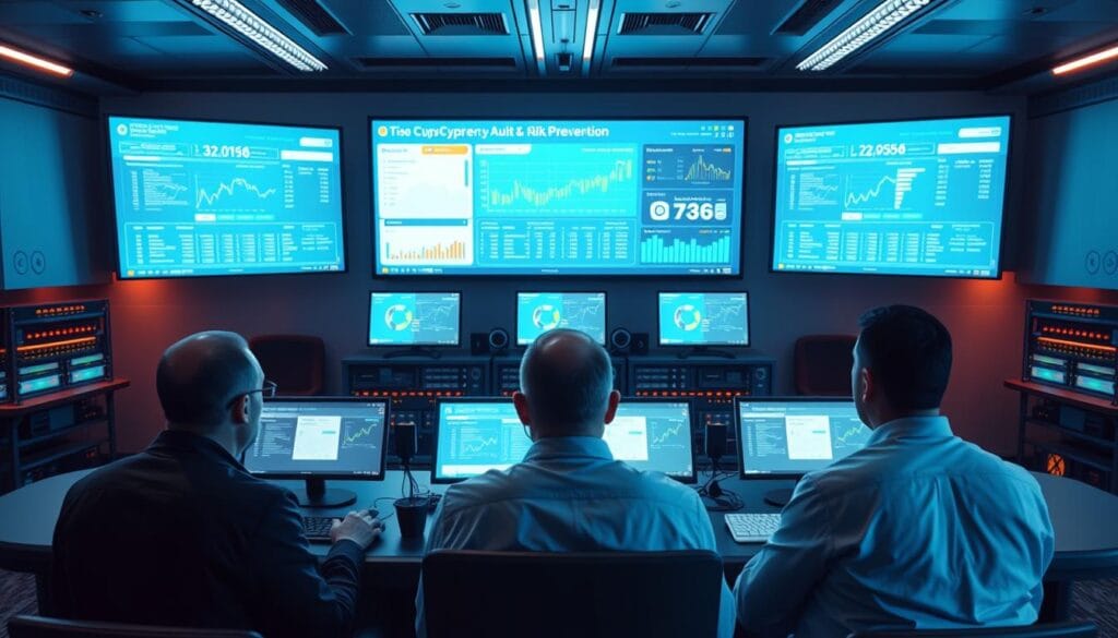 Prompt A high-tech cybersecurity command center, with a large central display showcasing financial data and analytics related to cryptocurrency audits and risk prevention. In the foreground, a team of analysts intently monitoring the screens, their faces illuminated by the glow of the displays. The middle ground features a sophisticated array of servers, networking equipment, and security appliances, all working in harmony to safeguard the cryptocurrency ecosystem. The background is dominated by a sleek, minimalist interior design, with clean lines and subtle lighting that creates a sense of technological sophistication. The overall mood is one of diligence, focus, and a proactive approach to mitigating cryptocurrency tax and audit risks.