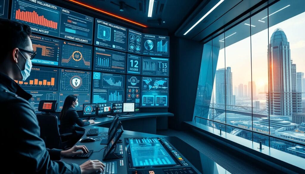 Prompt A high-tech security control room with multiple holographic displays showing real-time data analytics on software vulnerabilities, system access logs, and threat intelligence. In the foreground, a team of cyber security experts in sleek, futuristic uniforms intently focused on their workstations, using advanced touch interfaces and voice commands to initiate security audits and remediation protocols. The mid-ground features a central command console with a large panoramic window overlooking a cityscape, casting a warm, ambient glow. The background depicts a gleaming, high-rise complex in a sleek, modern architectural style, symbolizing the cutting-edge, quantum-resilient infrastructure being safeguarded. Crisp, cinematic lighting with dramatic shadows and highlights accentuates the high-stakes, high-tech atmosphere. Prompt A high-tech security control room with multiple holographic displays showing real-time data analytics on software vulnerabilities, system access logs, and threat intelligence. In the foreground, a team of cyber security experts in sleek, futuristic uniforms intently focused on their workstations, using advanced touch interfaces and voice commands to initiate security audits and remediation protocols. The mid-ground features a central command console with a large panoramic window overlooking a cityscape, casting a warm, ambient glow. The background depicts a gleaming, high-rise complex in a sleek, modern architectural style, symbolizing the cutting-edge, quantum-resilient infrastructure being safeguarded. Crisp, cinematic lighting with dramatic shadows and highlights accentuates the high-stakes, high-tech atmosphere.