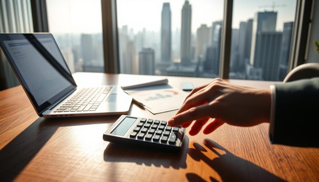 Prompt A serene office scene with a laptop, calculator, and financial documents on a sleek wooden desk. Soft natural lighting filters through the window, casting gentle shadows. In the foreground, a hand hovers over the calculator, symbolizing the thoughtful process of tax-loss harvesting. The middle ground features a portfolio summary with graphs and charts, while the background showcases a cityscape of towering skyscrapers, representing the broader financial landscape. The overall atmosphere conveys a sense of diligence, optimization, and prudent financial management. Prompt A serene office scene with a laptop, calculator, and financial documents on a sleek wooden desk. Soft natural lighting filters through the window, casting gentle shadows. In the foreground, a hand hovers over the calculator, symbolizing the thoughtful process of tax-loss harvesting. The middle ground features a portfolio summary with graphs and charts, while the background showcases a cityscape of towering skyscrapers, representing the broader financial landscape. The overall atmosphere conveys a sense of diligence, optimization, and prudent financial management.