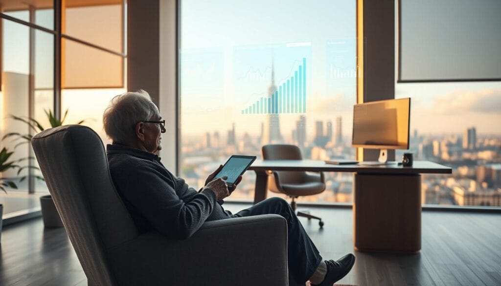Prompt A serene office setting, filled with the warm glow of late afternoon sunlight filtering through large windows. In the foreground, an elder sits comfortably in a plush armchair, engaged with a sleek, futuristic-looking tablet device. Beside them, an elegant, holographic display projects intricate financial data and retirement planning simulations. The middle ground features a modern, minimalist desk with a state-of-the-art AI-powered retirement planning software running on a high-resolution monitor. In the background, a panoramic view of a vibrant, sustainable city skyline, hinting at the secure and prosperous future enabled by intelligent financial planning tools.