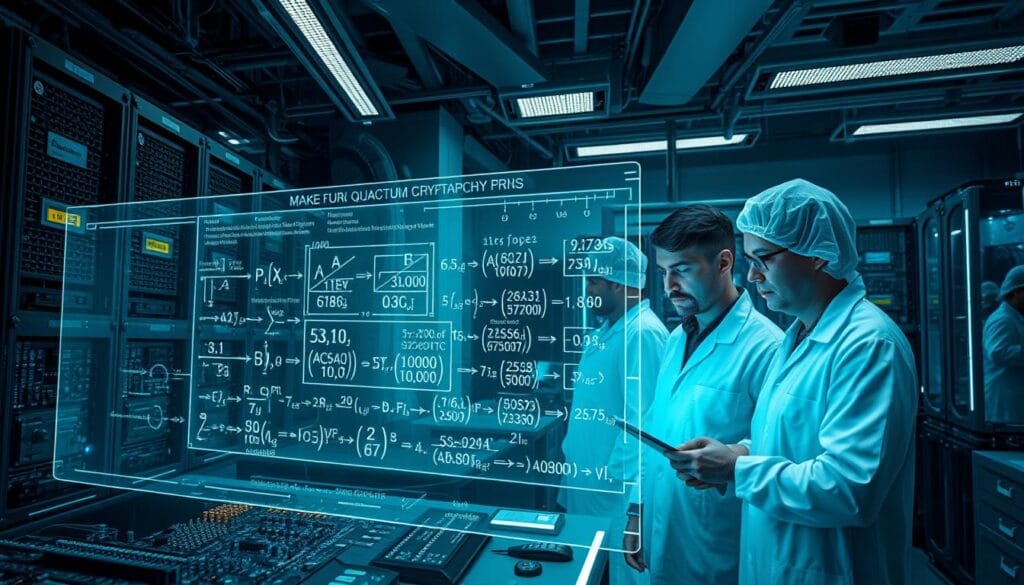 Prompt A sleek, futuristic laboratory setting with advanced quantum computing hardware and intricate circuit boards. In the foreground, a holographic display showcases complex mathematical formulas and cryptographic algorithms. Amid the technological landscape, a team of scientists in clean-room attire meticulously analyze data, their expressions focused and determined. Soft, directional lighting illuminates the scene, casting dramatic shadows and highlighting the cutting-edge nature of post-quantum cryptography research. The overall mood conveys a sense of scientific innovation, problem-solving, and the pursuit of enhanced digital security in the face of emerging quantum threats. Prompt A sleek, futuristic laboratory setting with advanced quantum computing hardware and intricate circuit boards. In the foreground, a holographic display showcases complex mathematical formulas and cryptographic algorithms. Amid the technological landscape, a team of scientists in clean-room attire meticulously analyze data, their expressions focused and determined. Soft, directional lighting illuminates the scene, casting dramatic shadows and highlighting the cutting-edge nature of post-quantum cryptography research. The overall mood conveys a sense of scientific innovation, problem-solving, and the pursuit of enhanced digital security in the face of emerging quantum threats.