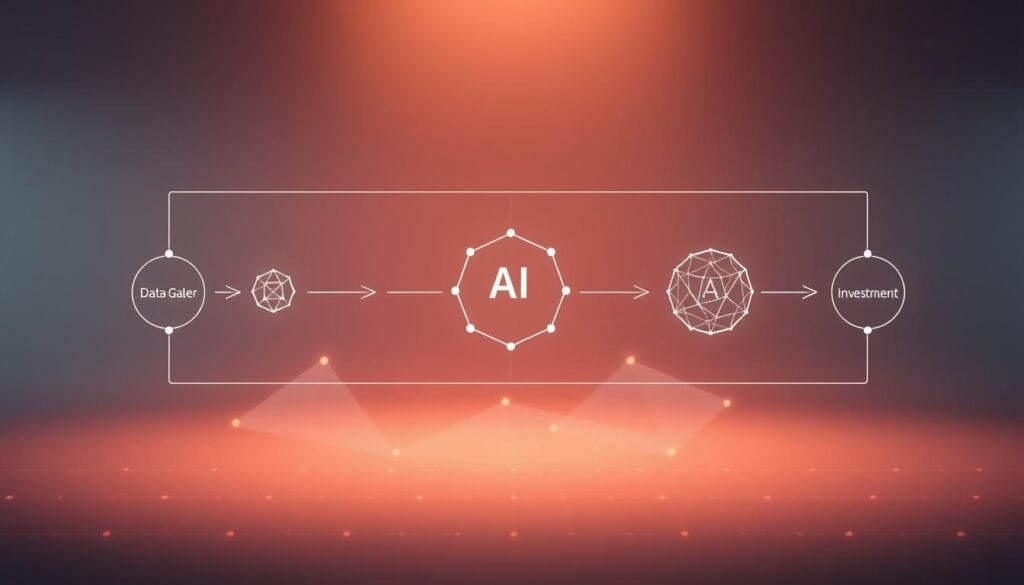 Prompt A sleek, minimalist data visualization depicting the AI Investment Value Chain. In the foreground, a series of interconnected nodes and arrows illustrate the core components - data gathering, model training, portfolio optimization, and investment execution. The middle ground showcases abstract geometric shapes and patterns, representing the complexity and dynamism of the AI-powered investment ecosystem. In the background, a soft, muted color gradient creates a sense of depth and tech-forward ambiance, complemented by subtle lighting effects that cast a warm, futuristic glow over the entire scene. The overall composition conveys a harmonious balance of technology, finance, and innovation.