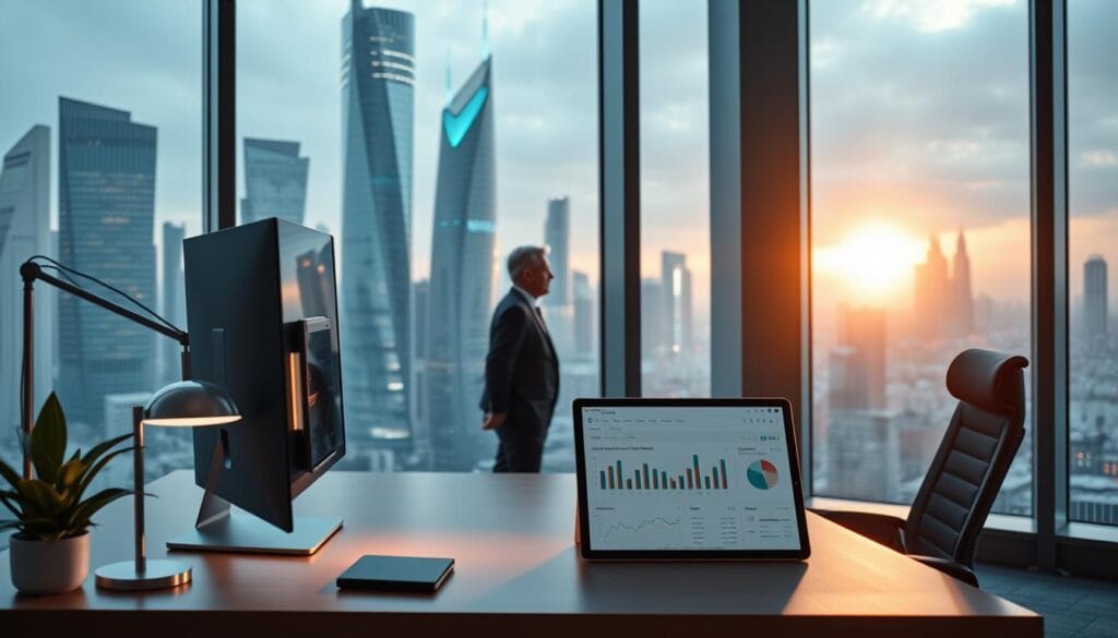 Prompt A sleek, modern office interior with floor-to-ceiling windows overlooking a cityscape. In the foreground, a desk with a high-end computer setup, a minimalist lamp, and a potted plant. On the desk, a tablet displaying a robo-advisor dashboard with interactive graphs and financial data. In the middle ground, two well-dressed individuals, a financial advisor and a high net worth client, engaged in a discussion. The lighting is soft and warm, creating a professional yet approachable atmosphere. The background features futuristic skyscrapers and a vibrant, bustling metropolis, conveying a sense of progress and innovation in the world of wealth management. Prompt A sleek, modern office interior with floor-to-ceiling windows overlooking a cityscape. In the foreground, a desk with a high-end computer setup, a minimalist lamp, and a potted plant. On the desk, a tablet displaying a robo-advisor dashboard with interactive graphs and financial data. In the middle ground, two well-dressed individuals, a financial advisor and a high net worth client, engaged in a discussion. The lighting is soft and warm, creating a professional yet approachable atmosphere. The background features futuristic skyscrapers and a vibrant, bustling metropolis, conveying a sense of progress and innovation in the world of wealth management.
