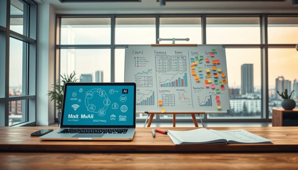Prompt An office workspace with a clean, minimalist aesthetic. In the foreground, a laptop and various financial documents are neatly arranged on a modern, wooden desk. Integrated into the laptop screen are various finance-related AI icons, graphs, and data visualizations. In the middle ground, a standing whiteboard displays a complex financial model, with colorful markers and sticky notes covering its surface. The background features large windows overlooking a cityscape, with a warm, natural lighting filtering in, creating a sense of productivity and efficiency. The overall mood is one of seamless integration between traditional financial tools and cutting-edge AI-powered analytics, reflecting the careful planning and optimization of a small business's finances.