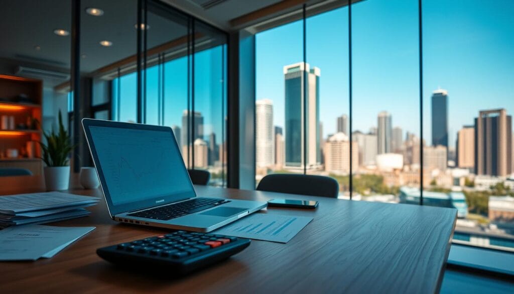 Retirement account contributions 2025: A neatly organized workspace with a laptop, documents, and a calculator on a sleek, wooden desk. Warm, ambient lighting casts a subtle glow, creating an atmosphere of focused productivity. In the background, a modern skyline with towering skyscrapers and a clear, blue sky. The scene conveys a sense of financial planning and strategic decision-making for one's retirement.